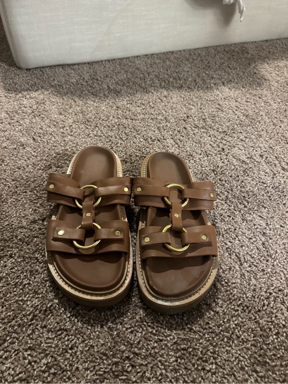 Celine Brown Leather Slide Sandals with Gold Ring Detail